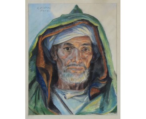 L. Endres, Morroccan - portrait of a man, signed, chalk and pastel 30cm by 25cm