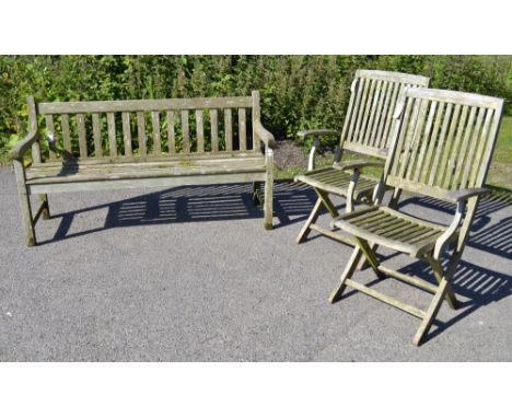 Teak garden bench, 150 cm long, and two Hartman fold away wooden chairs