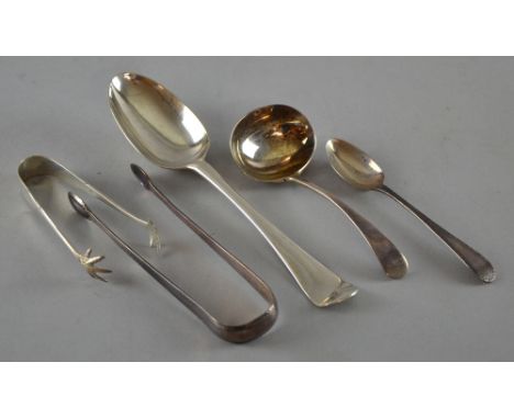 George II silver tablespoon, by Richard Pargeter, London, 1759, sauce ladle, two pairs of sugar tongs and a teaspoon, 6oz, 18