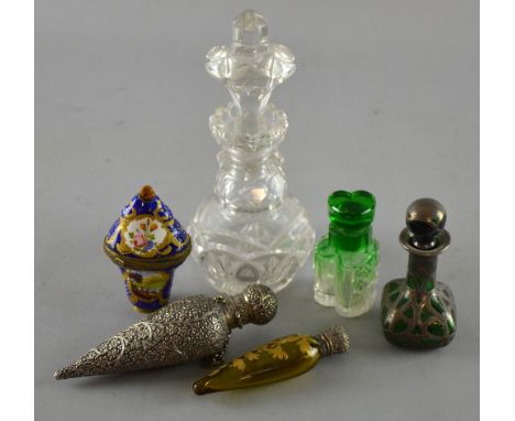 A Persian silver perfume flask pendant, bilston box and four other scent bottles. including enamelled and silver overlay  