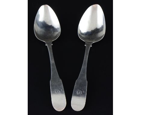 Pair of George III Irish silver fiddle pattern tablespoons, by Samuel Neville, Dublin, 1802, with retailer's mark for 'GIBSON
