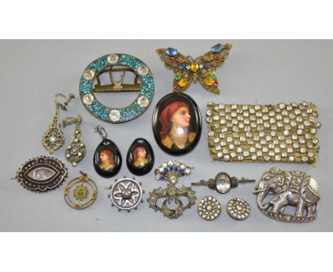 Victorian portrait pendant and earrings and other costume jewellery. including silver and paste set items