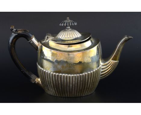 Victorian silver teapot with half-gadrooned body, by Charles Stuart Harris, London, 1886, gross weight 9.6oz, 299g,