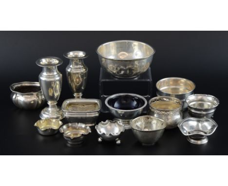 Pair of George V silver vases with loaded bases, Chester, 1913, and a selection of small silver dishes and bowls,