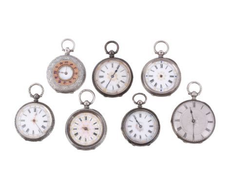  A Swiss silver half hunter pocket watch,   no. 200693, cylinder movement, three armed balance, flat balance spring, white en