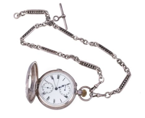  A silver keyless wind full hunter chronograph pocket watch,   no. 133637, import mark for London 1908, Swiss lever chronogra