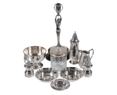  A collection of silver and silver mounted items,   comprising: an Edwardian figural trophy by Williams (Birmingham) Ltd, Bir