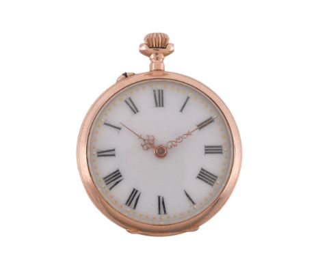  A Swiss 14 carat gold keyless wind open face fob watch,   no.1320, Switzerland 1893 - 1934 mark, cylinder movement, three ar