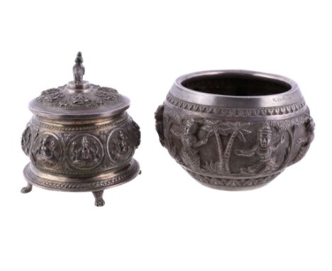  A Burmese silver small bowl and a circular box and cover,   the first with script marks, the second with Spanish import mark