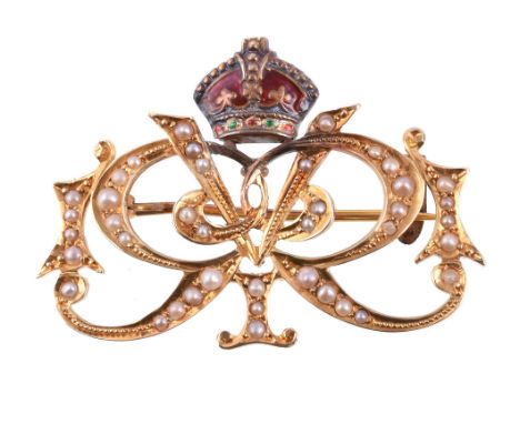  An enamel and seed pearl George V coronation brooch,   circa 1910, the cypher set with seed pearls below an enamelled crown,