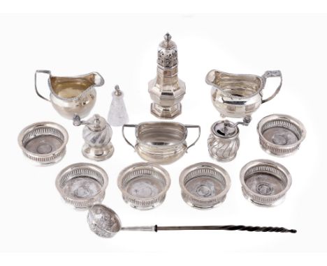  A collection of small silver,   including: a silver mounted cut glass cayenne pepper pot by John Grinsell  &  Sons, Birmingh