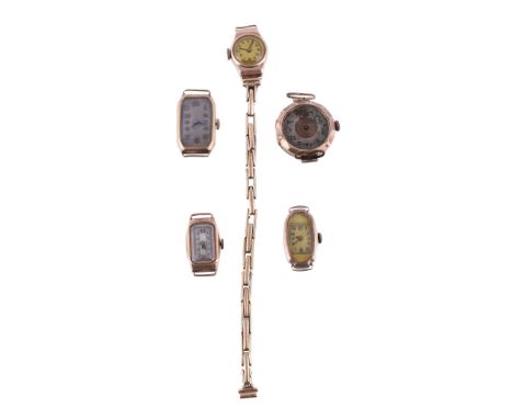 A collection of 9 carat gold watch heads,   to include: a lady's 9 carat gold wristwatch, no. 173, hallmarked Chester 1947, 