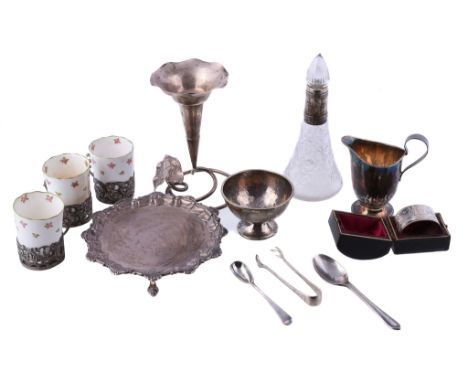  A collection of small silver,   comprising: an Edwardian shaped circular waiter by Barker Brothers, Chester 1908, with a she