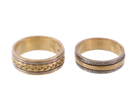  An 18 carat gold ring,   the two colour ring of plaited design , stamped 750 with full Birmingham hallmarks for 1997, finger