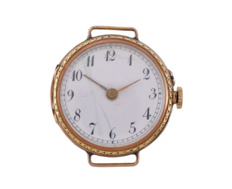  A French 18 carat gold keyless wind open face fob watch converted to a wristwatch,   no. 79077, cylinder movement, three arm