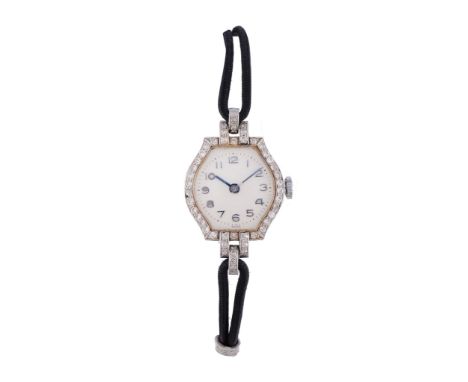  A lady's platinum and diamond set cocktail watch,   no. 5257, circa 1920, Swiss manual wind movement, 17 jewels, silvered di