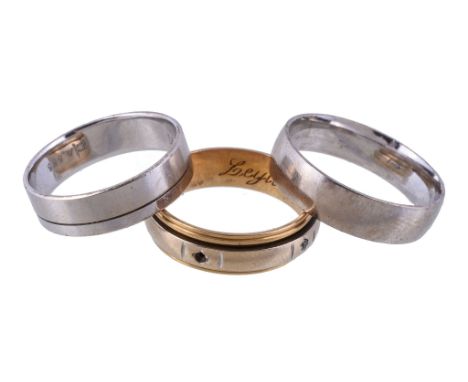  Three band rings,   the first stamped 585; the second hallmarked 9 carat gold; together with a two coloured with swivel band