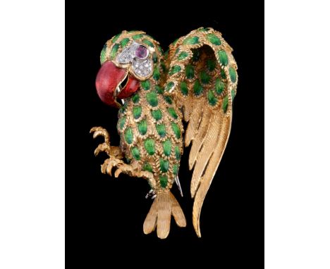  An enamel and gem set parrot brooch by Cantamessa Fratelli,   the parrot with green enamel wings, a red enamel beak, and set
