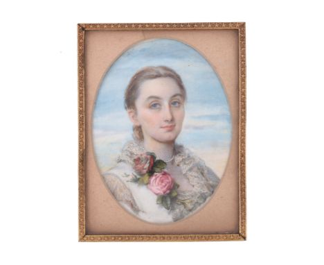 Ω Manner of Reginald Easton Portrait of a lady, wearing a lace trimmed dress, roses to her collar Watercolour on ivory 9cm x 