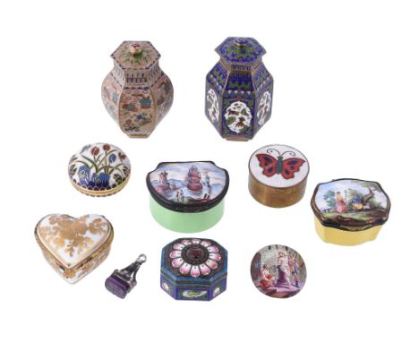  A collection of objects,   including: two Staffordshire-type enamel boxes, Continental late 19th century; a French heart sha