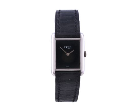  Fred, a lady's 18 carat white gold wristwatch,   manual wind movement, ETA 2512, black dial, pointed baton hands, screwed do