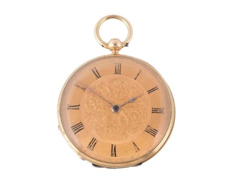  An 18 carat gold and enamel open face fob watch,   no. 1514, Swiss cylinder movement, three armed domed balance, flat balanc