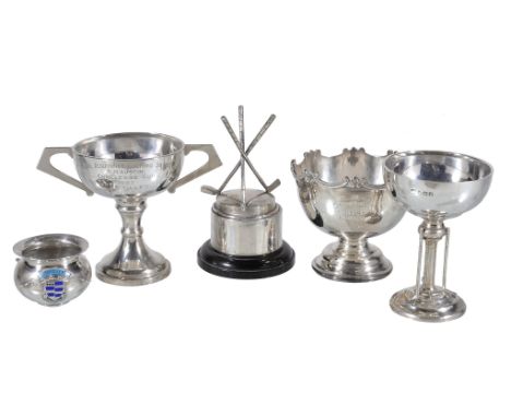  [Golf] Five silver small trophies,   comprising: a crossed golf clubs stand for a hole-in-one ball by Ernest W. Haywood, Bir