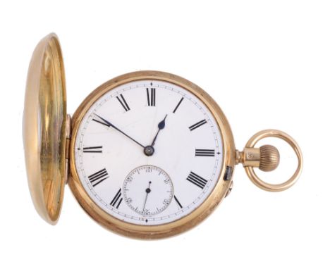  An 18 carat gold keyless wind half hunter pocket watch,   no. 30207, hallmarked London 1891, three quarter plate movement, b