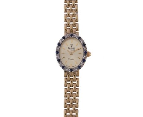  Vicence Le temps de, a 9 carat gold and sapphire bracelet wristwatch,   Swiss quartz movement, 3 jewels, silvered dial, appl