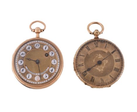  A gold open face fob watch,   no. 17528, verge fusee movement, undersprung three armed balance, disc regulator, gilt engine 