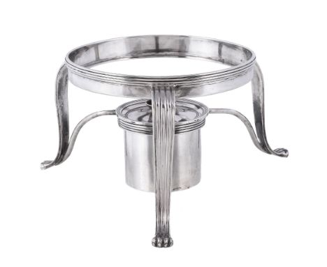  A George III silver circular warming stand with burner by Paul Storr,   London 1793, with reeded bands, the conforming scrol
