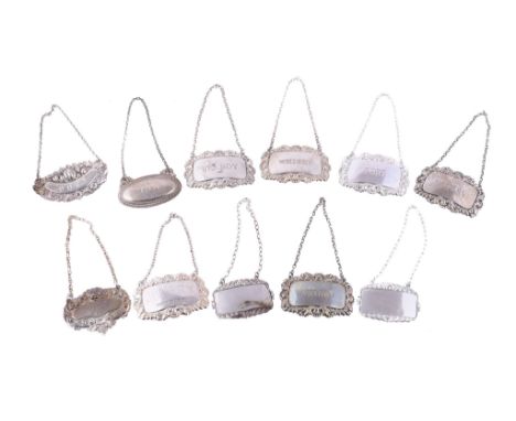 A collection of silver decanter labels,   to include: a set of five shaped rectangular labels by Crisford  &  Norris Ltd., B