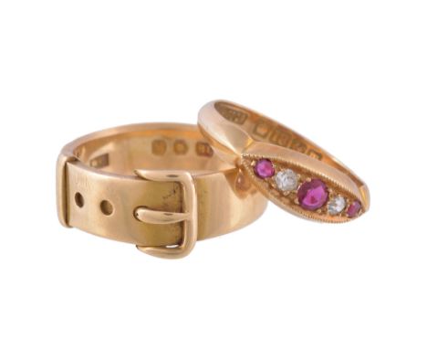  An 18 carat gold buckle ring,   stamped 18 with full London hallmarks, finger size N 1/2; a ruby and diamond ring, set with 