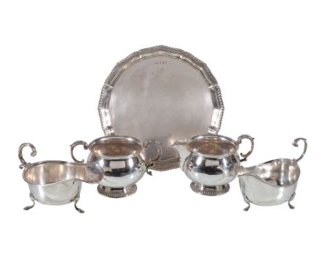  Five items of silver,   comprising: a shaped circular small salver by H. L. Brown  &  Son, Sheffield 1971, with a gadrooned 