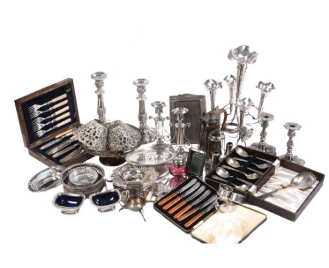  A small collection of silver, silver coloured and much plated wares,   including: three napkin rings; two silver mounted pho