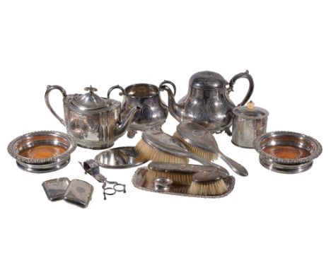 Ω A small collection of silver and various plated wares, including: two silver cigarette cases; various silver mounted dressi