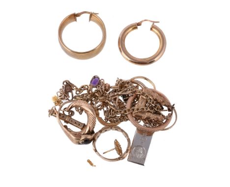  A collection of gold coloured jewellery  , to include a 9 carat gold ingot; a 9 carat gold ring; with various earrings; and 