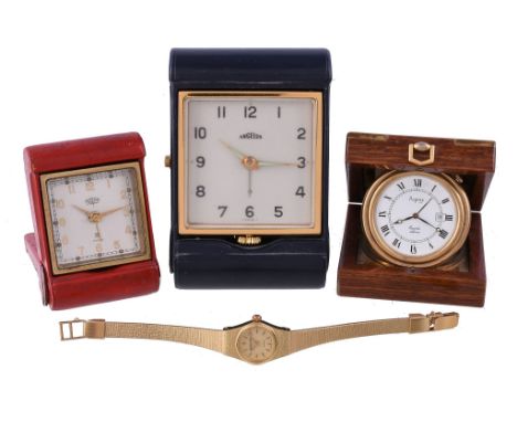  Asprey, a gilt metal travel alarm clock,   quartz alarm movement, white dial, Roman numerals, Breguet hands, centre alarm in