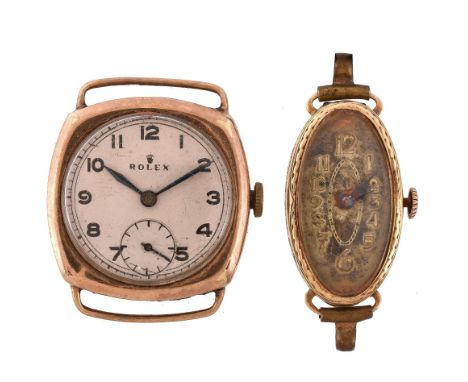  Rolex, a 9 carat gold wristwatch,   no. 7173, hallmarked London 1910, manual wind movement, 15 jewels, silvered dial, Arabic