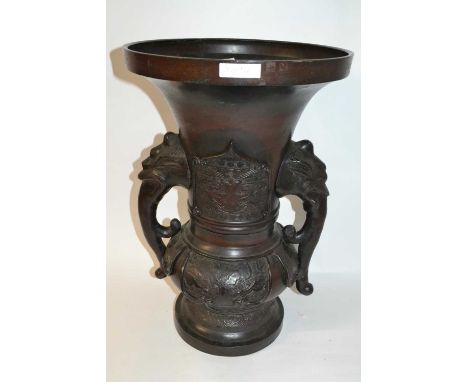 A large Japanese bronze vase, Meiji period with two elephant tusk handles, 50cm high, seal mark to base for Shinsaibashi Temp