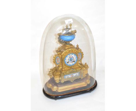 A 19th Century French gilt metal and porcelain mounted mantel clock of architectural form with urn mount to the case and side