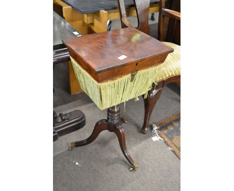 Victorian mahogany sewing box with rectangular hinged top over a tapering body, turned column and tripod base