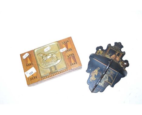 A wooden box with geometric motifs inlay, the cover with brass plaque with retriever together with small oriental shelf 