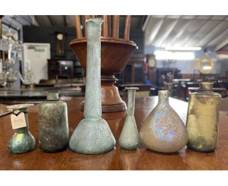 Box containing a quantity of vintage glass, probably Roman, most with irridescent finish