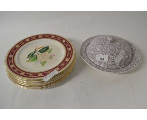 A muffin dish and cover and quantity of English porcelain plates painted in botanical style, late 19th Century