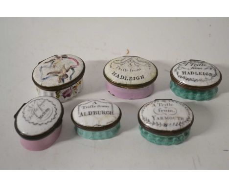 Group of six South Staffordshire 18th Century patch boxes including a trifle from Melton, trifle from Aldeburgh, trifle from 
