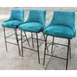 3 x Commercial Upholstered Bar Stools In A Bright Blue/Teal Velvet - Removed From A London Store