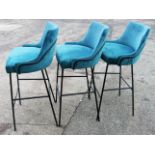 3 x Commercial Upholstered Bar Stools In A Bright Blue Velvet - Recently Removed From A London Store