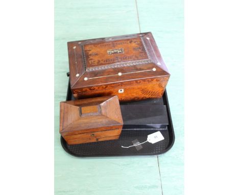 A 19th Century inlaid box with mother of pearl swan panel, mixed veneers, 12" long (one piece of veneer missing and one broke
