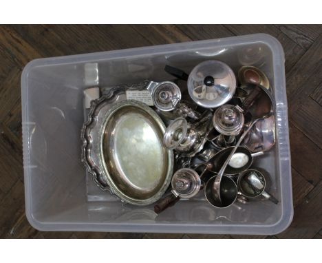 A quantity of silver plated items including entree dish, salver, tea caddy, coffee pot etc